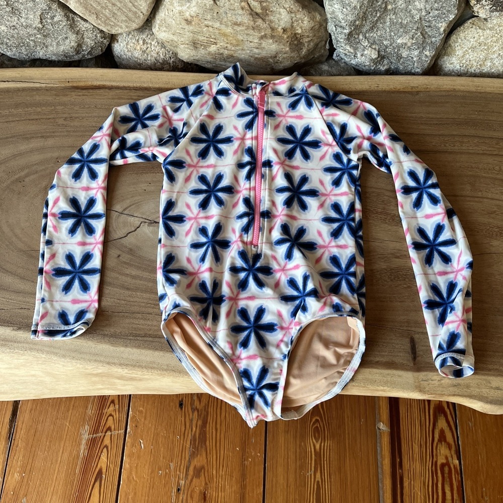 Crewcuts Girls Size 6-7 Floral Rash Guard Swimsuit UPF 50+ Long Sleeve One Piece
